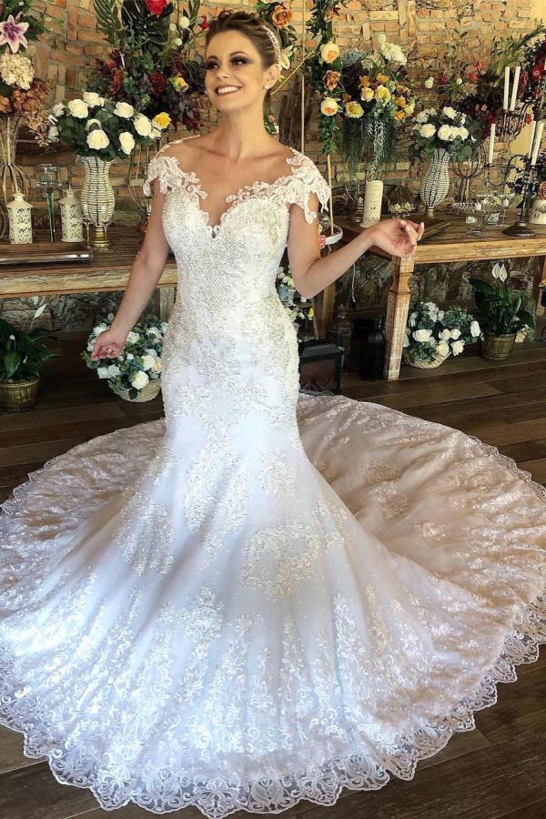 Charming Long Mermaid Sweetheart Wedding Dress with Cap Sleeves Lace-BallBride