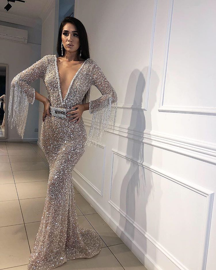 Charming Long Sleeves Mermaid Evening Dress With Sequins Beads and Tassels-BallBride