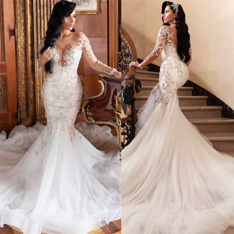 Charming Long Sleeves Mermaid Lace Appliques Wedding Dress On Sale-BallBride