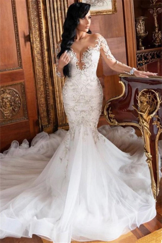 Charming Long Sleeves Mermaid Lace Appliques Wedding Dress On Sale-BallBride