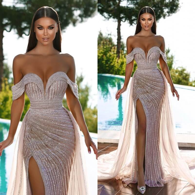 Charming Off-the-Shoulder Mermaid Prom Dress with Beadings and Ruffles-BallBride