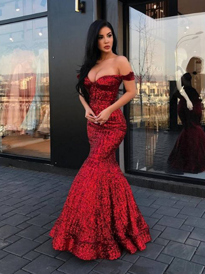 Charming Off-the-Shoulder Mermaid Sequins Prom Dresses Long-BallBride