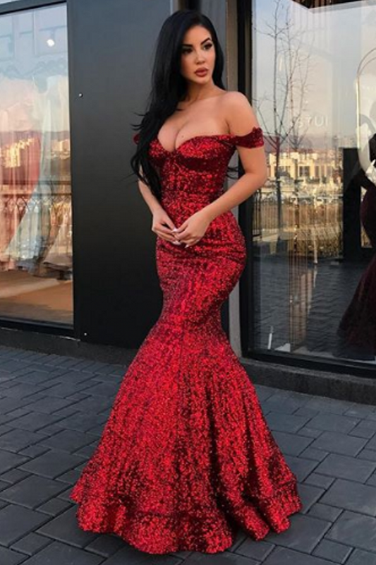 Charming Off-the-Shoulder Mermaid Sequins Prom Dresses Long-BallBride