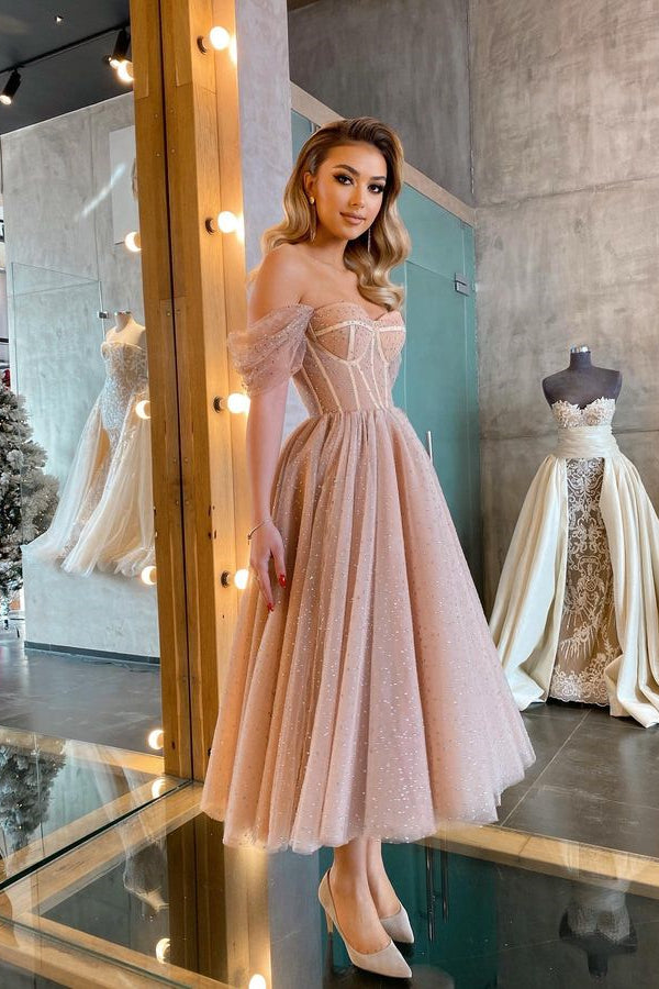 Charming Off-the-Shoulder Tulle Prom Dress Sweetheart Tea-Length-BallBride