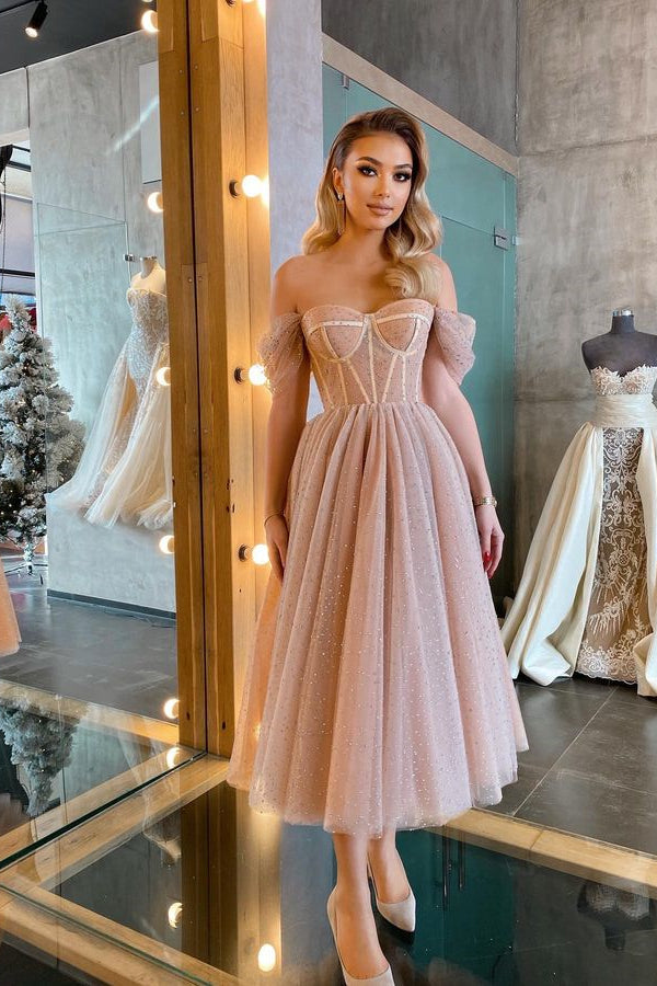 Charming Off-the-Shoulder Tulle Prom Dress Sweetheart Tea-Length-BallBride