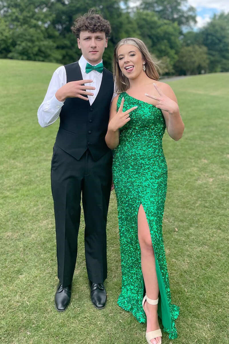 Charming One Shoulder Sleeveless Mermaid Prom Dress With Split & Sequins-BallBride