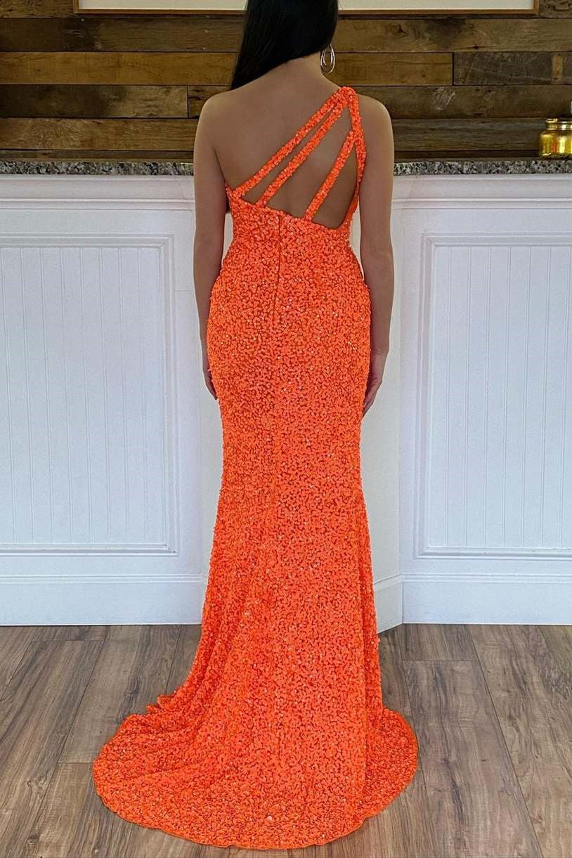 Charming One Shoulder Sleeveless Mermaid Prom Dress With Split & Sequins-BallBride
