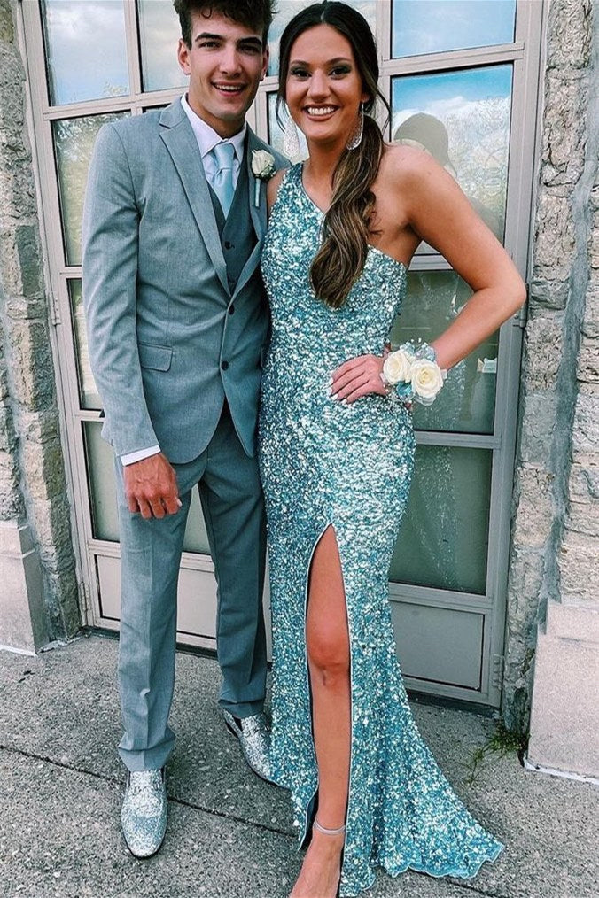 Charming One Shoulder Sleeveless Mermaid Prom Dress With Split & Sequins-BallBride