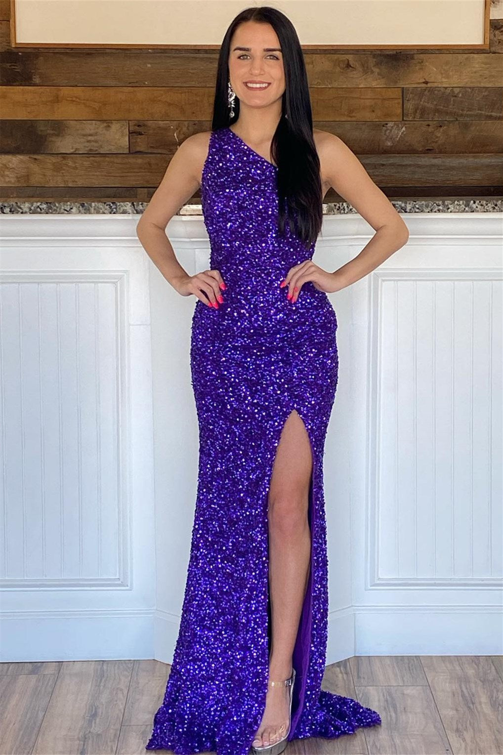 Charming One Shoulder Sleeveless Mermaid Prom Dress With Split & Sequins-BallBride