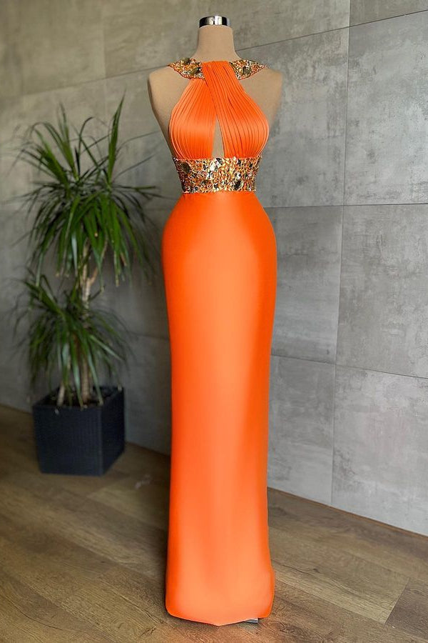 Charming Orange Halter Sleeveless Prom Dress Mermaid With Crystals-BallBride
