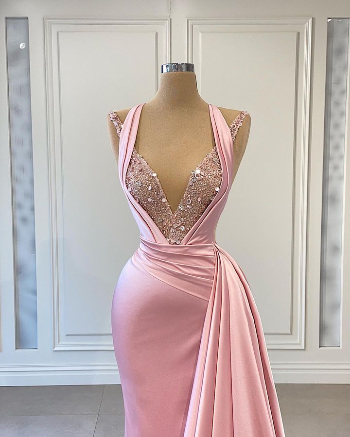 Charming Pink Halter Mermaid Prom Dress - Sleeveless V-Neck Ruffles & Sequins-BallBride