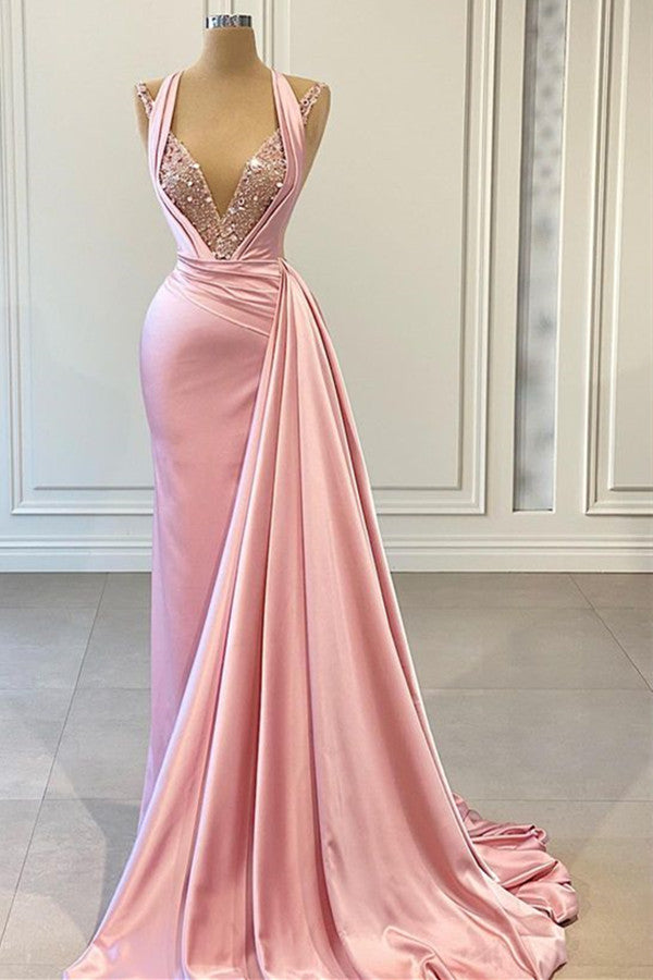 Charming Pink Halter Mermaid Prom Dress - Sleeveless V-Neck Ruffles & Sequins-BallBride
