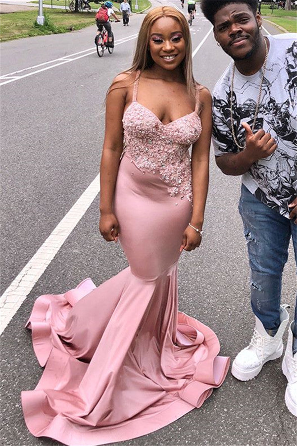 Charming Pink Mermaid Prom Dress with Lace Appliques-BallBride