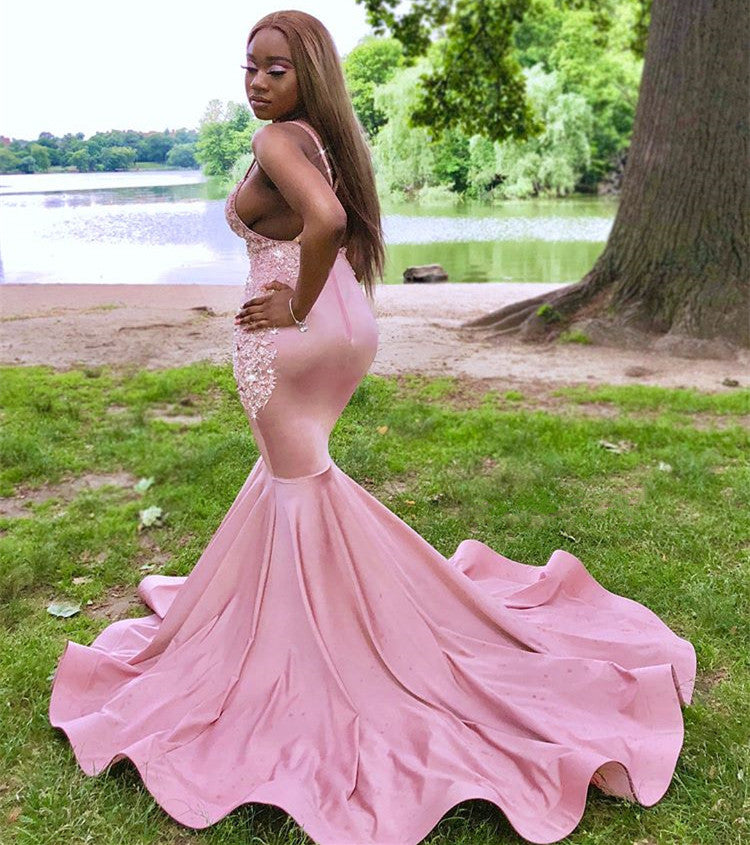 Charming Pink Mermaid Prom Dress with Lace Appliques-BallBride