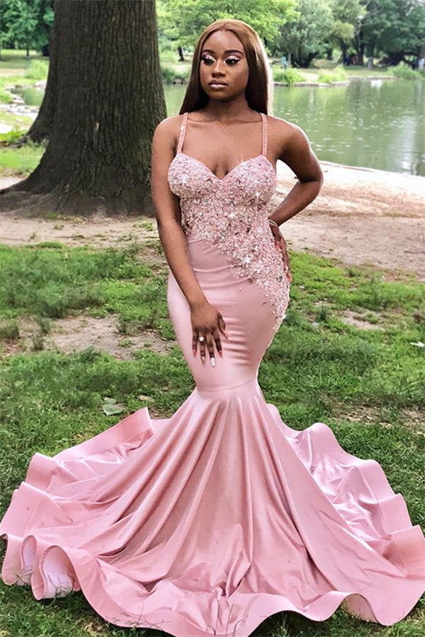 Charming Pink Mermaid Prom Dress with Lace Appliques-BallBride