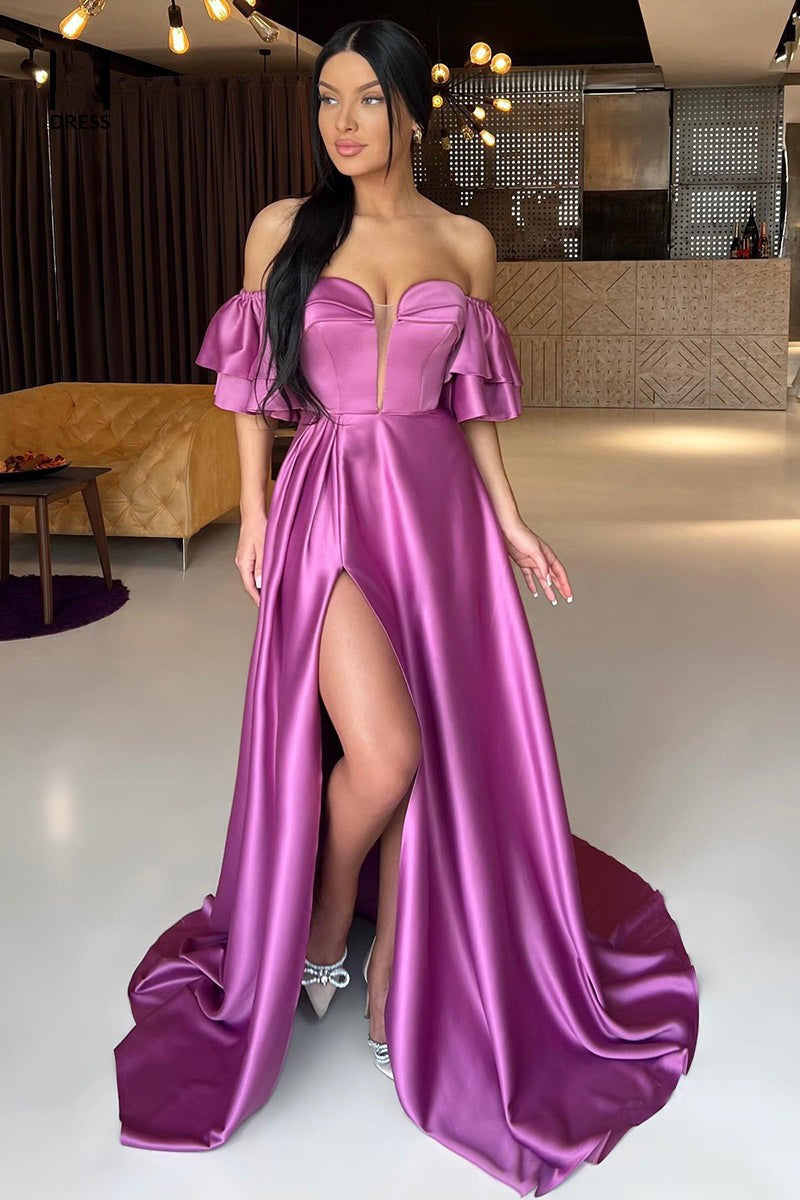 Charming Purple Off-the-Shoulder Long Prom Dress Split Sweetheart On Sale-BallBride