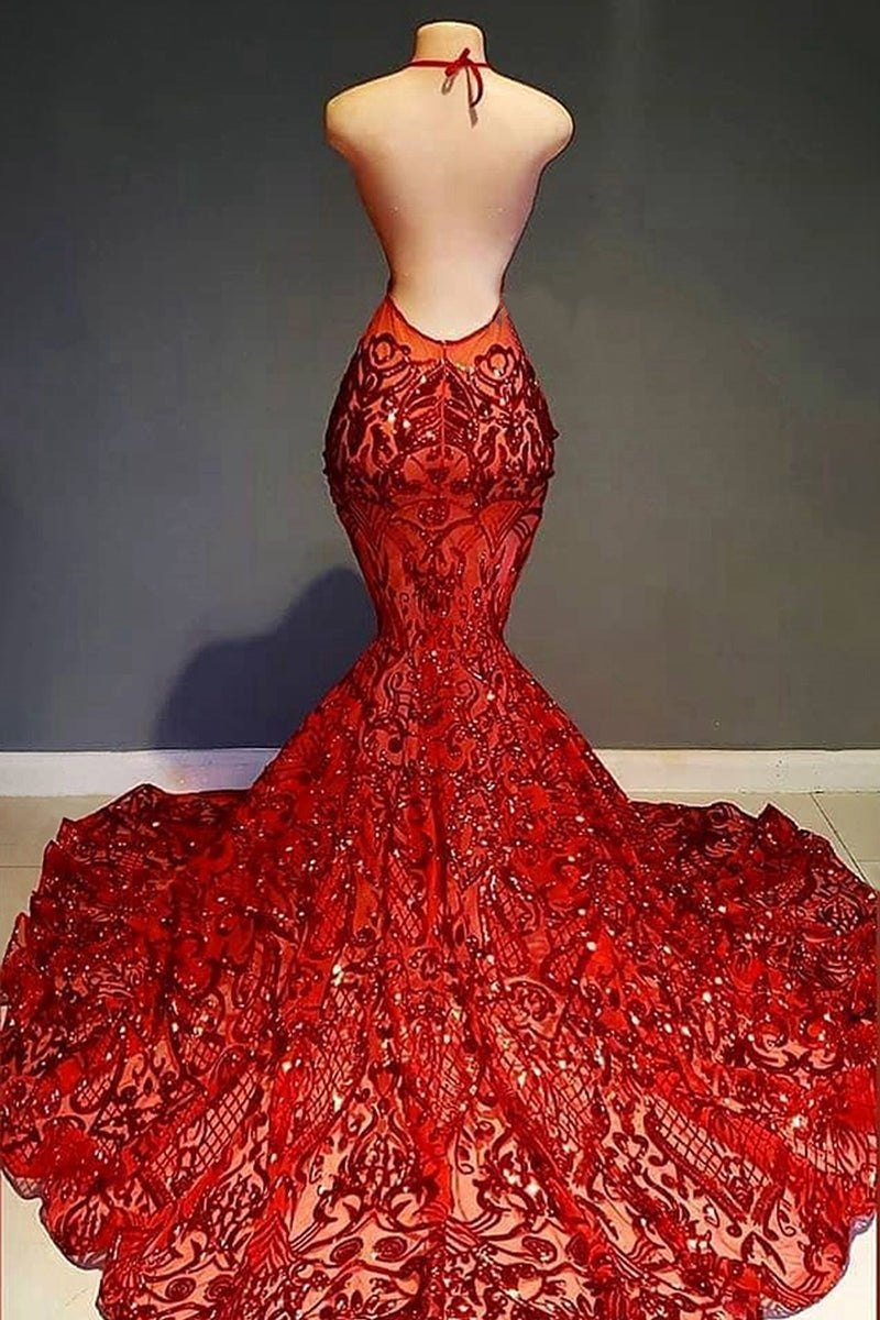 Charming Red Deep V-Neck Sleeveless Prom Dress Mermaid Sequins Long-BallBride