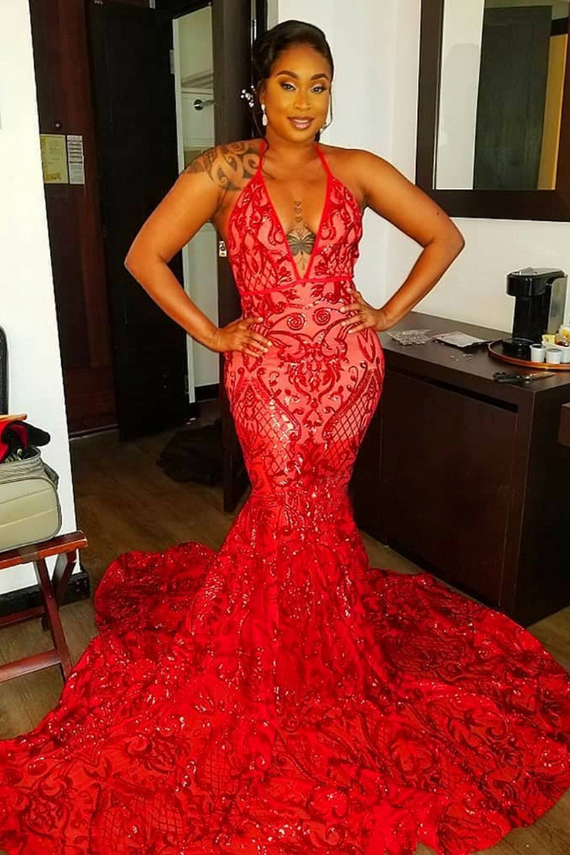 Charming Red Deep V-Neck Sleeveless Prom Dress Mermaid Sequins Long-BallBride
