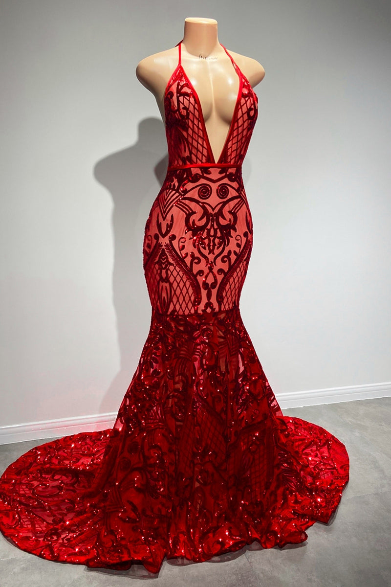 Charming Red Deep V-Neck Sleeveless Prom Dress Mermaid Sequins Long-BallBride