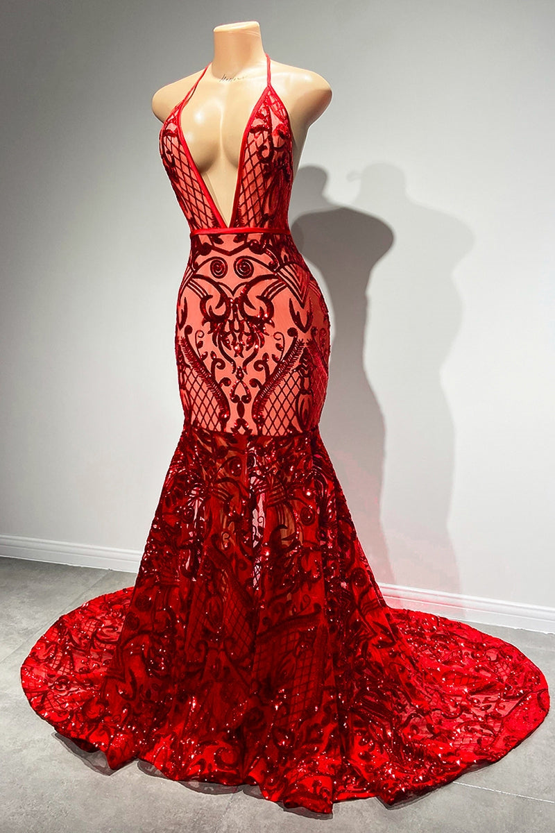 Charming Red Deep V-Neck Sleeveless Prom Dress Mermaid Sequins Long-BallBride