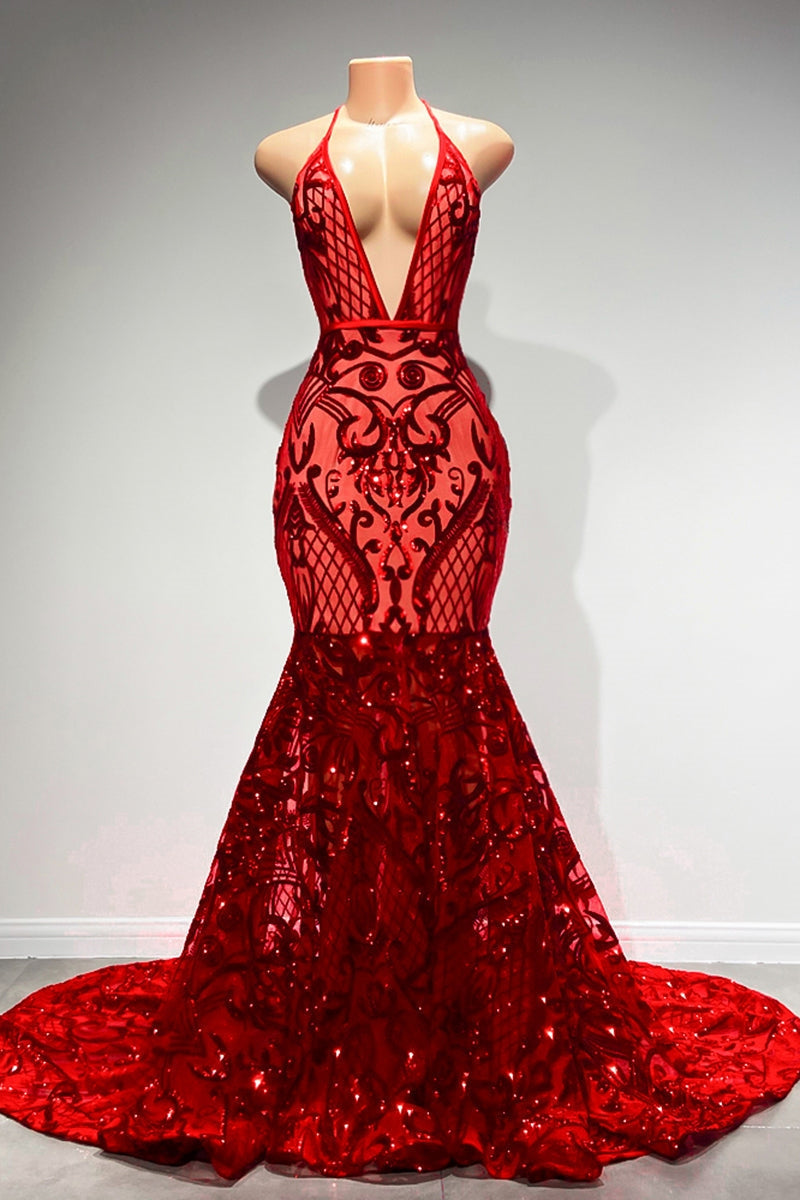 Charming Red Deep V-Neck Sleeveless Prom Dress Mermaid Sequins Long-BallBride