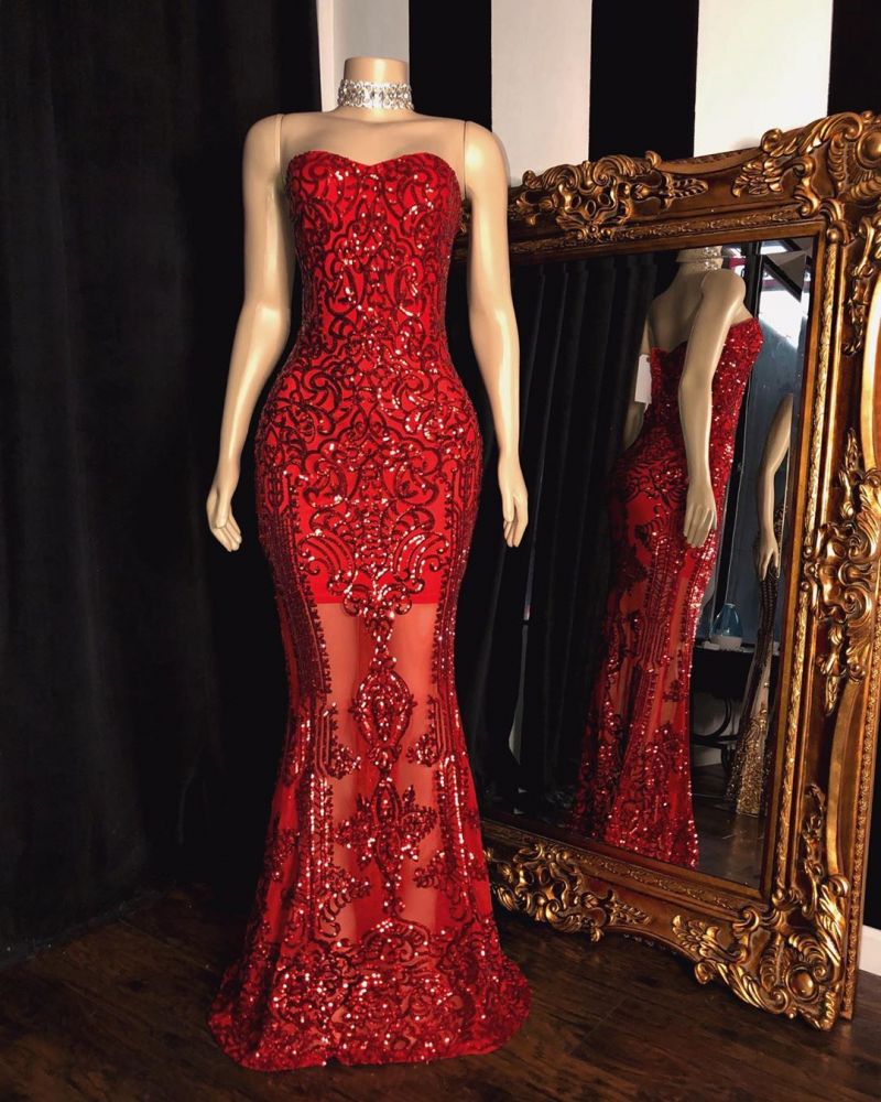 Charming Red Sweetheart Sheath Sequins Floor-Length Prom Dress-BallBride