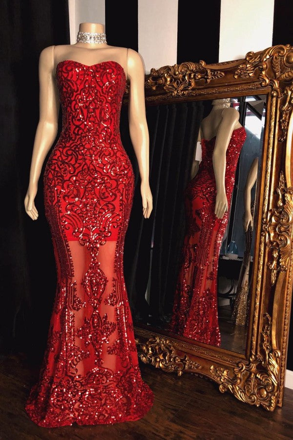 Charming Red Sweetheart Sheath Sequins Floor-Length Prom Dress-BallBride