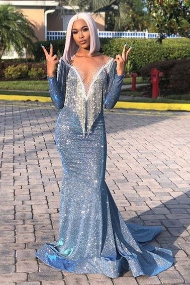 Charming Sexy Long Sleeve Sequins Prom Dress with Beadings-BallBride