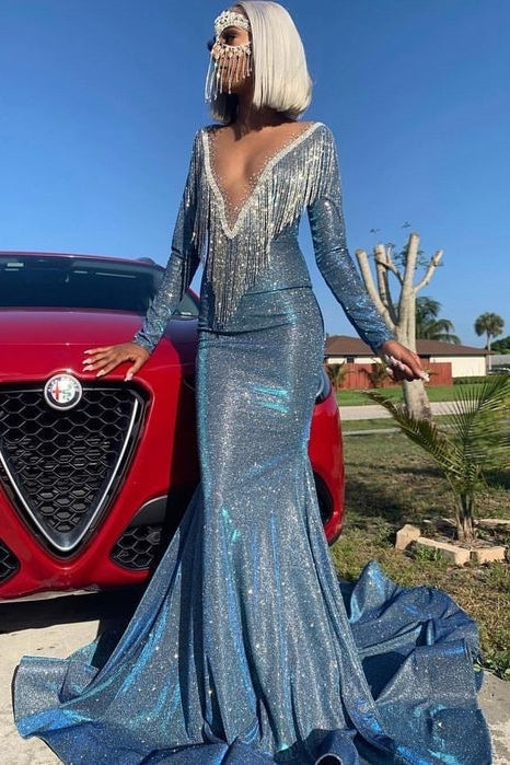 Charming Sexy Long Sleeve Sequins Prom Dress with Beadings-BallBride