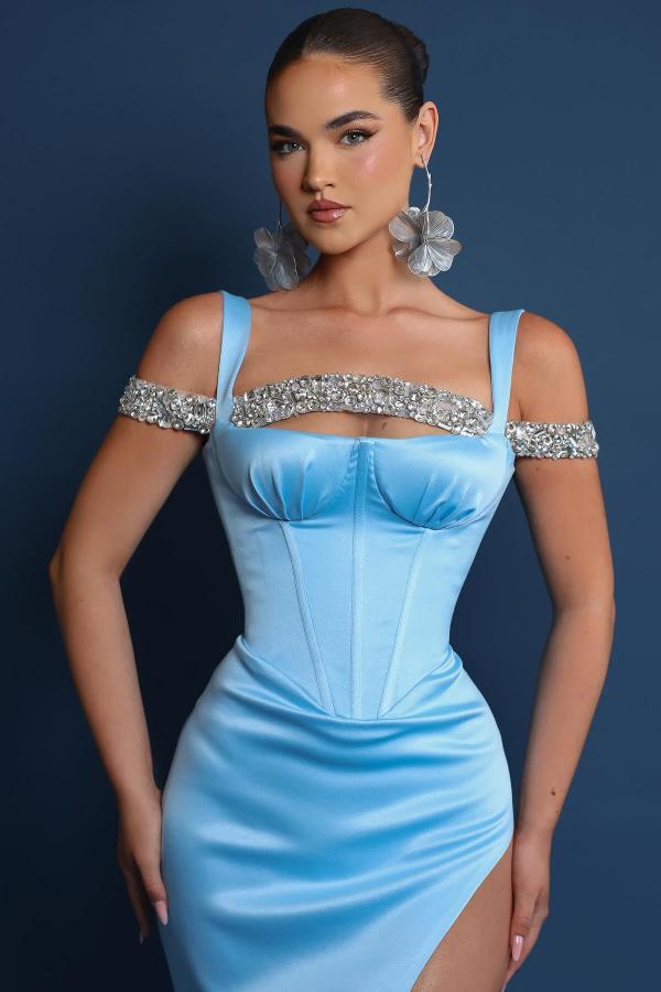 Charming Sky Blue Long Mermaid Off the Shoulder Satin Prom Dresses with Slit-BallBride