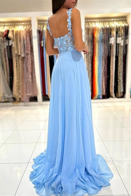 Charming Sky Blue Sleeveless Prom Dress with Lace Appliques and Slit-BallBride