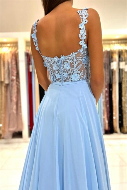 Charming Sky Blue Sleeveless Prom Dress with Lace Appliques and Slit-BallBride