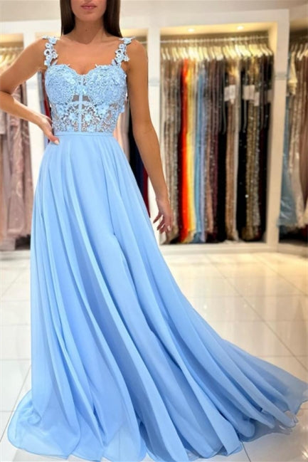 Charming Sky Blue Sleeveless Prom Dress with Lace Appliques and Slit-BallBride