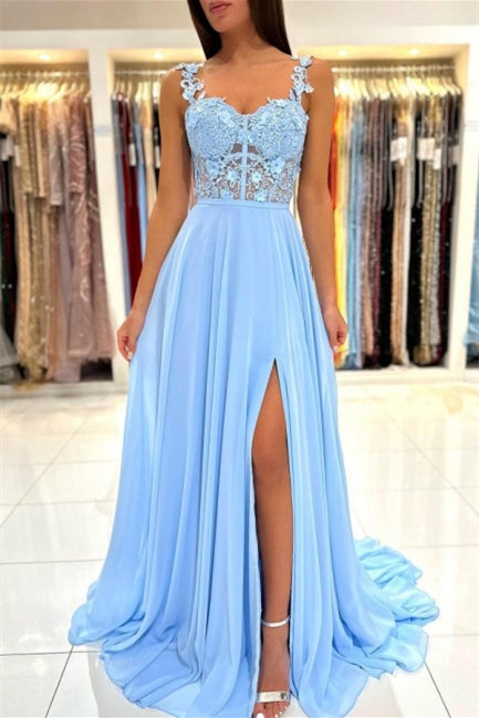 Charming Sky Blue Sleeveless Prom Dress with Lace Appliques and Slit-BallBride