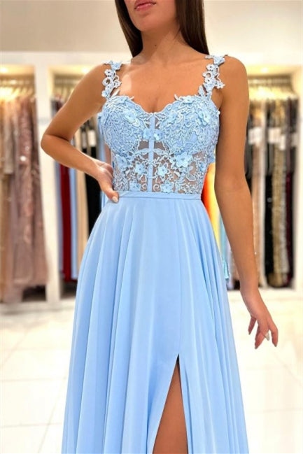 Charming Sky Blue Sleeveless Prom Dress with Lace Appliques and Slit-BallBride