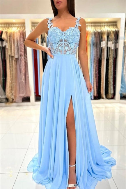 Charming Sky Blue Sleeveless Prom Dress with Lace Appliques and Slit-BallBride