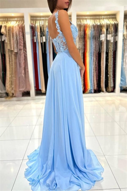Charming Sky Blue Sleeveless Prom Dress with Lace Appliques and Slit-BallBride