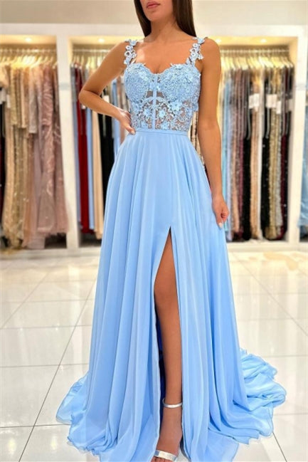 Charming Sky Blue Sleeveless Prom Dress with Lace Appliques and Slit-BallBride