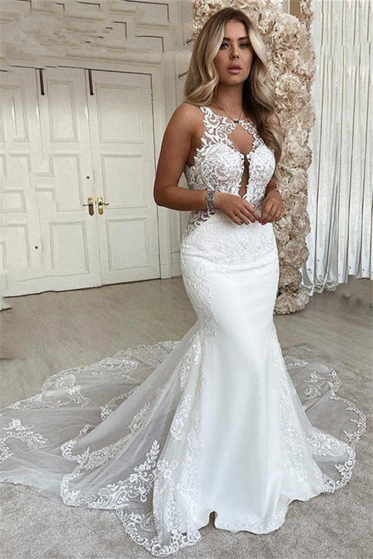 Charming Sleeveless Mermaid Wedding Dress with Lace Appliques-BallBride