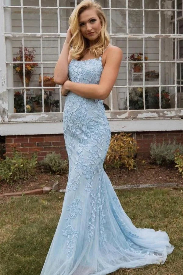 Charming Spaghetti-Straps Appliques Mermaid Long Evening Dress-BallBride