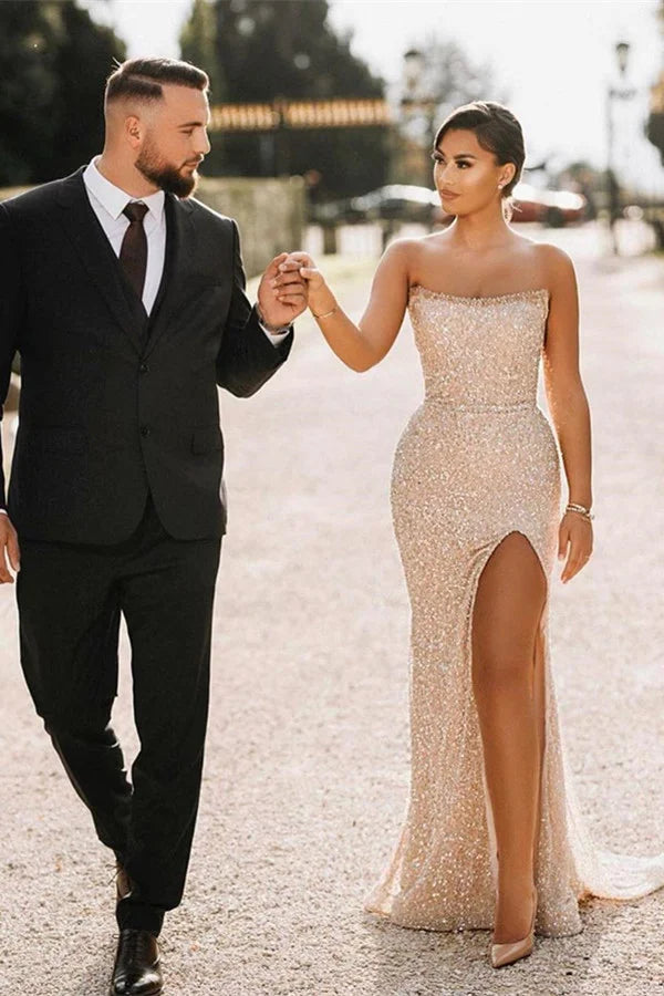 Charming Strapsless Long Mermaid Sequins Evening Dress With Slit-BallBride