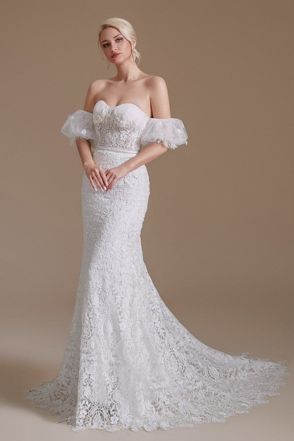 Charming Sweetheart Lace Long Mermaid Wedding Dress With Detachable Sleeves-BallBride