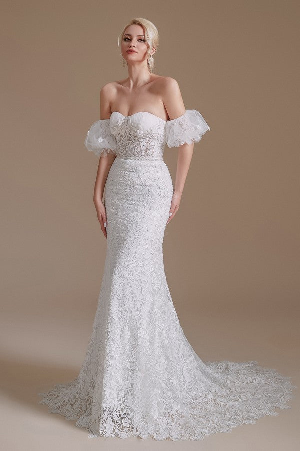 Charming Sweetheart Lace Long Mermaid Wedding Dress With Detachable Sleeves-BallBride