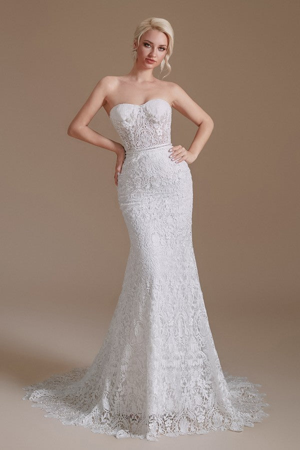 Charming Sweetheart Lace Long Mermaid Wedding Dress With Detachable Sleeves-BallBride