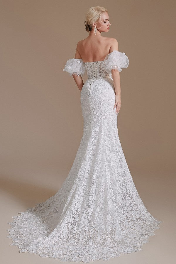 Charming Sweetheart Lace Long Mermaid Wedding Dress With Detachable Sleeves-BallBride