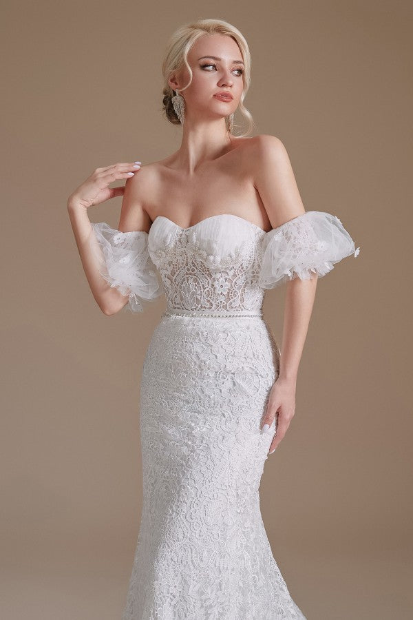 Charming Sweetheart Lace Long Mermaid Wedding Dress With Detachable Sleeves-BallBride