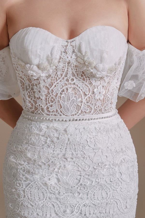 Charming Sweetheart Lace Long Mermaid Wedding Dress With Detachable Sleeves-BallBride