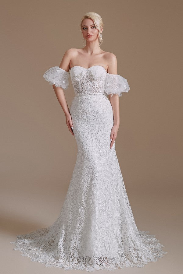 Charming Sweetheart Lace Long Mermaid Wedding Dress With Detachable Sleeves-BallBride