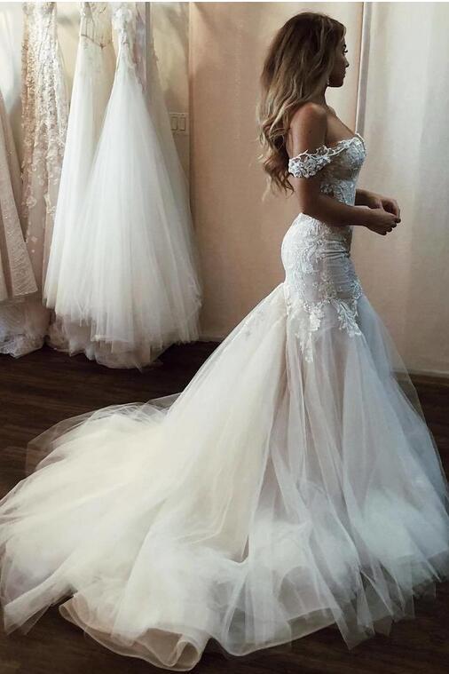 Charming Sweetheart Off-the-Shoulder Mermaid Wedding Dress With Tulle-BallBride
