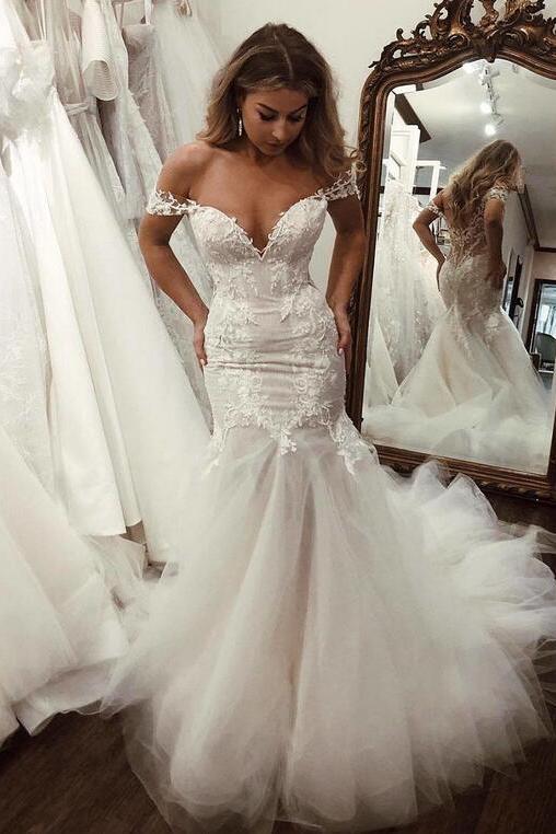 Charming Sweetheart Off-the-Shoulder Mermaid Wedding Dress With Tulle-BallBride
